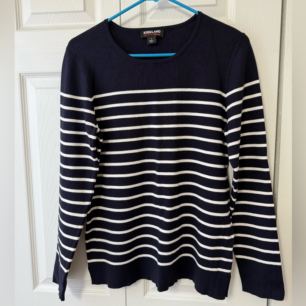 Kirkland Signature Sweater. Navy blue and white stripe.